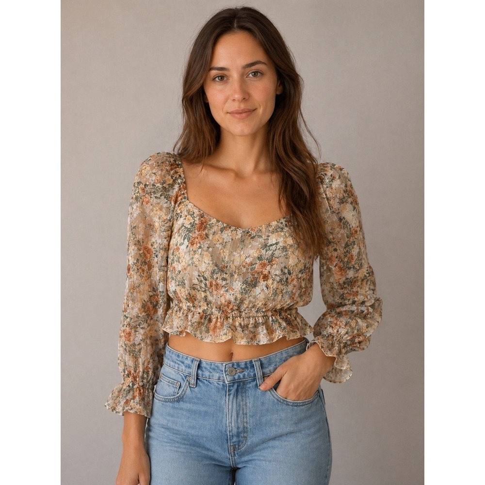 FRAY Floral Puff Sleeve Crop Top Cottagecore Romantic Sheer Boho M